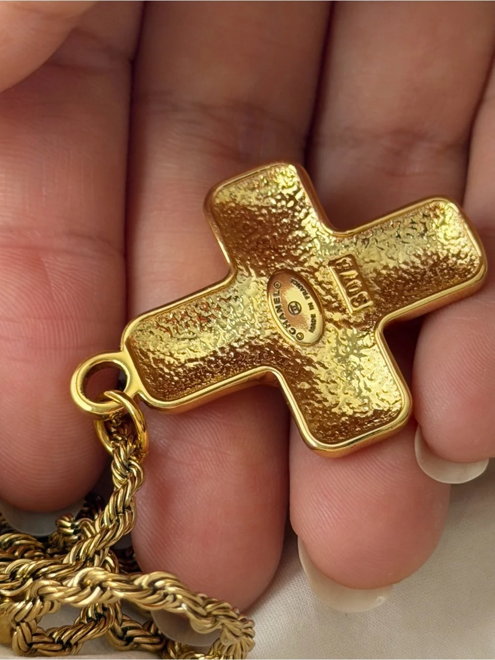 Gold Chanel Cross CC Pendant Necklace with Pearl Center